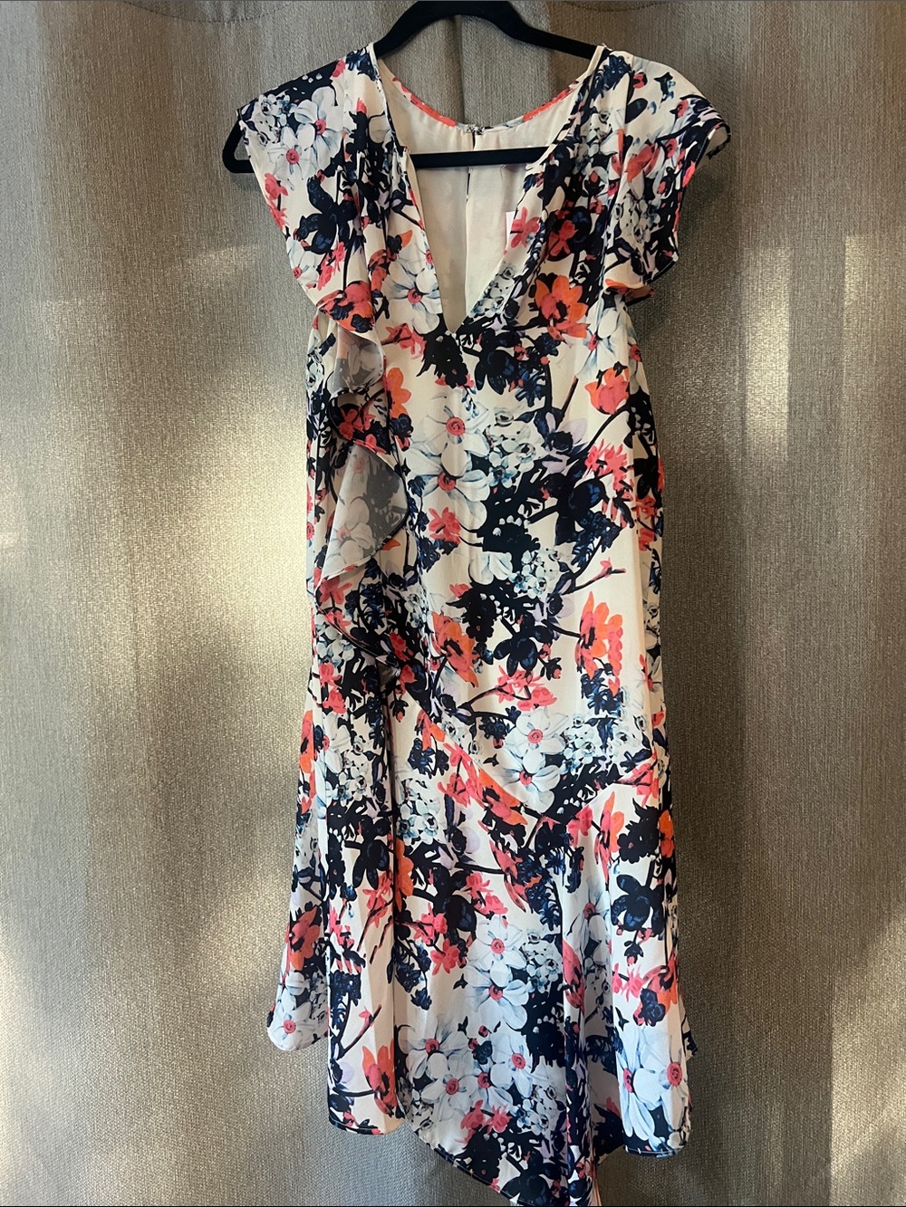 Parker White Floral Midi Dress with Navy and Coral Accents